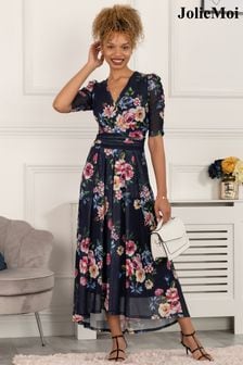 Jolie Moi Blue Haizley Floral Print Mesh Maxi Dress (C46378) | AED494