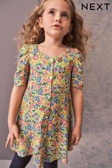 Rumena s cvetličnim vzorcem - Obleka z nabranimi rokavi (3–16 let) (C46847) | €12 - €16
