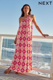 粉色馬賽克瓷磚印花 - 單肩褶裥長洋裝 (C47045) | NT$1,540