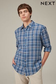Blue Linen Blend Check Long Sleeve Shirt (C47097) | SGD 57