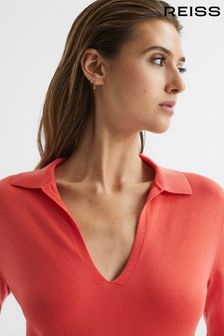 Reiss Coral Nellie Knitted Collared V-Neck Top (C47726) | kr1 610