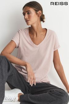 Hellrosa - Reiss Luana Jersey-T-Shirt aus Baumwolle mit V-Ausschnitt (C47731) | 55 €