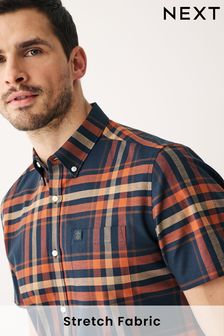 Navy Blue/Rust Orange Stretch Oxford Check Short Sleeve Shirt (C47912) | $39
