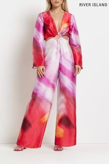 Svetlo roza enodelna obleka z globokim izrezom in obročem River Island Petite (C48069) | €22