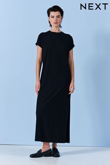 Black - Cap Sleeve Crew Neck Maxi T-shirt Dress (C48126) | kr330