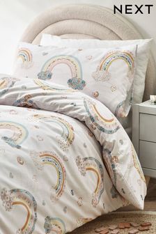 Ecru Rainbow Printed Polycotton Duvet Cover and Pillowcase Bedding (C48396) | €17 - €25
