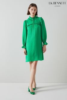 LK Bennett Green Edie Silk Blend Ruffle Collar Dress (C48627) | €519