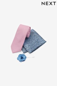 Pink/Steel Blue Floral Slim Tie And Pocket Square And Lapel Pin Set (C48659) | $27