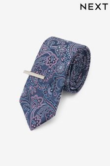 Navy Blue/Pink Paisley Slim Pattern Tie With Tie Clip (C48804) | €18