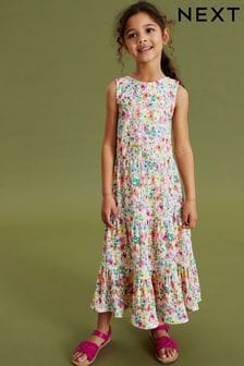 White/Pink/Green Summer Floral Back Detail Jersey Tiered Midi Dress (3-16yrs) (C49042) | 87 zł - 112 zł