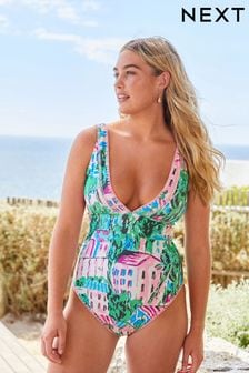 Pink/Green Scenic Print Tummy Control Plunge Stitched Swimsuit (C49863) | €25
