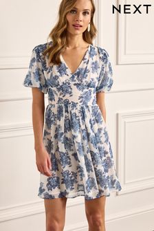 Blue/White Floral Print Lace Tie Back Dress (C49988) | €29