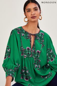 Monsoon Green Floral Large Scale ¾ Sleeve Smock Blouse (C50594) | 66 €