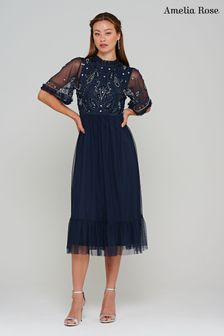 Amelia Rose Blue Embellished Midi Dress (C50906) | $190