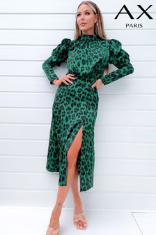 Ax Paris Green Animal Print Puff Long Sleeve Midi Dress (C50916) | 150 zł