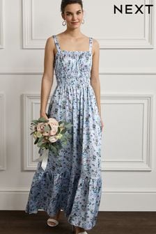 Blue Floral Glossy Satin Ruched Midi Dress (C50927) | $106