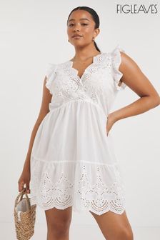Biała plażowa sukienka mini Figleaves Sicily z muszelkowym wykończeniem na plecach (C51069) | 125 zł