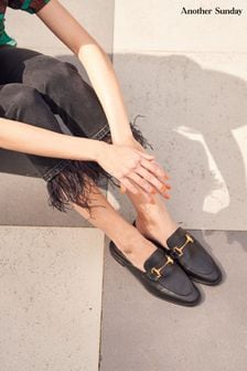 Another Sunday Slip On Black Loafers With Gold Buckle Detail