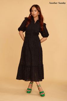Another Sunday Midi Shirt Black Dress With Puff Sleeves And Broderie Detail