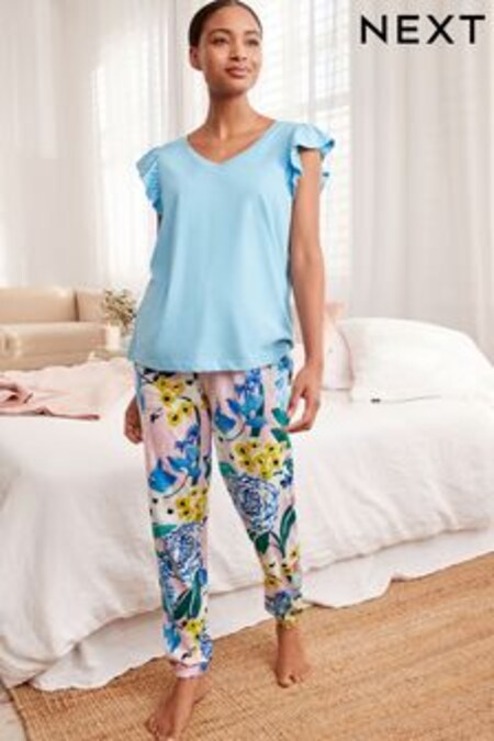 Bleu motif fleurs - Pyjama en coton (C51291) | 27€