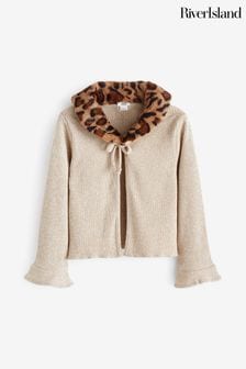 River Island Cream Leopard Faux Fur Collar Cardigan (C51588) | €26 - €34