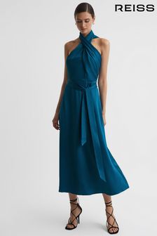 Сине-зеленый - Атласное платье миди с халтером Reiss Vida (C52401) | €408
