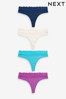 Navy Blue/Aqua Blue/Purple/Cream Thong Lace Trim Cotton Blend Knickers 4 Pack (C52403) | 18 €