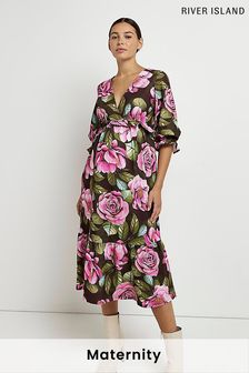 Różowa ciążowa marszczona gumką sukienka midi River Island (C53193) | 125 zł
