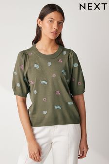 Khaki Green Floral Embroidery Crew Neck Short Sleeve Knitted Top (C53228) | AED112
