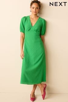 Jasně zelená - Texturované midi šaty s nadýchanými rukávy (C53421) | 1 115 Kč
