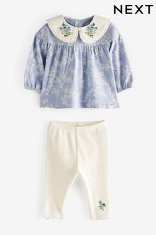 Albastru cu guler și model floral  - Set Bebeluși bluză și colanți (C53502) | 124 LEI - 141 LEI
