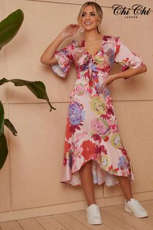 Chi Chi London Pink Tie Front Floral Print Midi Dress (C53511) | kr753
