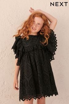 Black Cotton Broderie Ruffle Dress (3-16yrs) (C54332) | €22 - €25