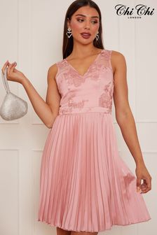 Chi Chi London Pink Embroidered Lace Pleated Midi Dress (C54705) | AED543