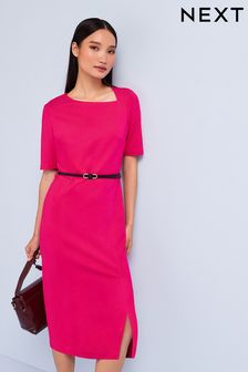 Розовый - Платье миди в строгом стиле из трилии с поясом (C54848) | €24