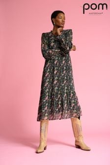 Črna srednje dolga nabrana obleka s cvetličnim motivom Pom Amsterdam (C55376) | €82