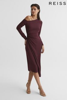 Reiss Burgundy Nadia Petite Off-Shoulder Drape Midi Dress (C55485) | $376