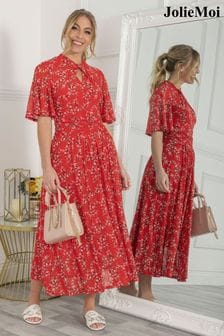 Czerwona sukienka z siateczki z ozdobną dziurką klucz Jolie Moi Carina (C55652) | 187 zł