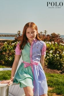 Polo Ralph Lauren Gingham Kurzärmeliges Kleid mit Logo und Vichy-Karos für Mädchen in Blau (C55713) | 89 € - 97 €