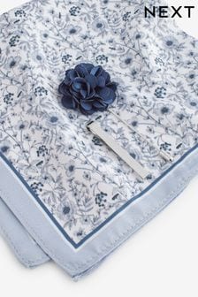 Blau mit floralem Muster - Quadratisches Einstecktuch, Reversnadel und Krawattennadel im Set (C55854) | 12 €