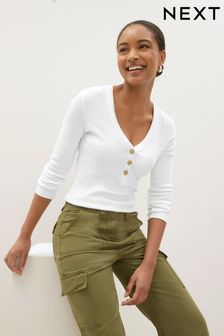 White Long Sleeve Ribbed Henley Button Top (C55861) | €23