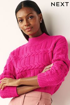 Bright Pink Cable Detail High Neck Jumper (C56502) | 82 SAR