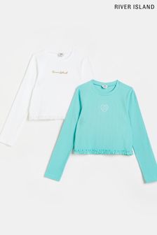 River Island Mädchen T-Shirts mit Spitzensaum, Blau, 2er-Pack (C56547) | 15 € - 20 €