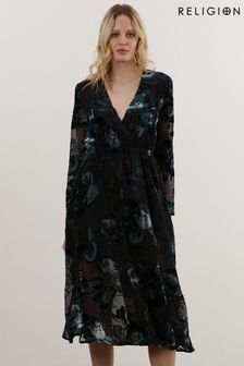 Religion Black Lux Velvet Midi Wrap Dress In Burn Out Floral Fabric (C56901) | €83