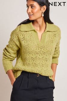 Limonkowo zielony - Sweter ze wzorem pointelle (C57233) | 110 zł