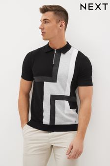 Black Geo Knitted Zip Polo Shirt (C57455) | €23