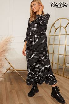 Chi Chi London Black Spot Print Midi Dress (C57895) | OMR32