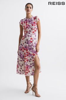 Reiss Pink/Purple Livia Printed Cut Out Back Midi Dress (C58678) | kr3,062