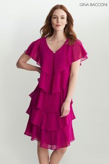 Gina Bacconi Lona Kurzes Georgette-Kleid mit Capelet und Stufendesign, Violett (C58680) | 136 €
