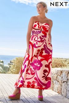 Pink Swirl Tie Front Strappy Midi Dress With Linen (C58712) | 140 zł